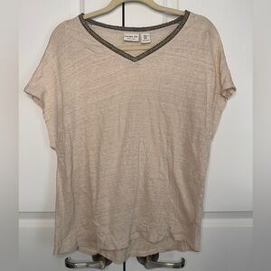 Rachel Zoe Linen V-Neck Top Women’s XL Beige Metallic Trim Short Sleeve